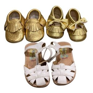 3 Pairs Infant Shoes: 2 Gold Moccasins Sz 12: 1 Rachel Shoes White Sandals Sz 9